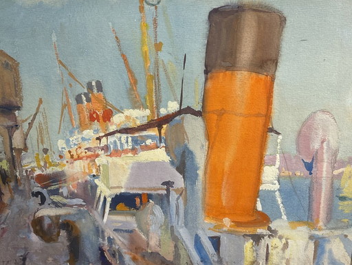 Jules Van De Leene, Paquebot au quai, années 1920, Gouache