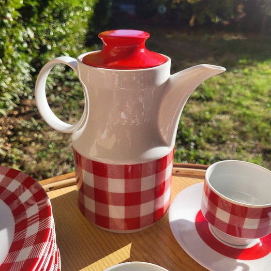 Vichy red and white checkered coffee/tea set, 1960-70, KRONESTER BAVARIA, Crockery, Porcelain, Vintage (photo 10 of 15)