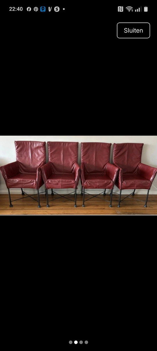 4 eetkamerstoelen Geraldine rood leer op wieltjes 
