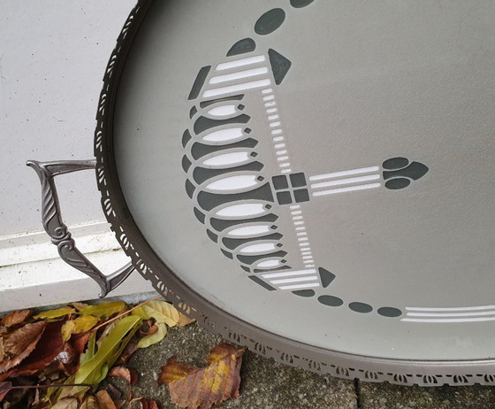 Image 1 of Vassoio con piastrelle e bordo in metallo decoro Art Déco