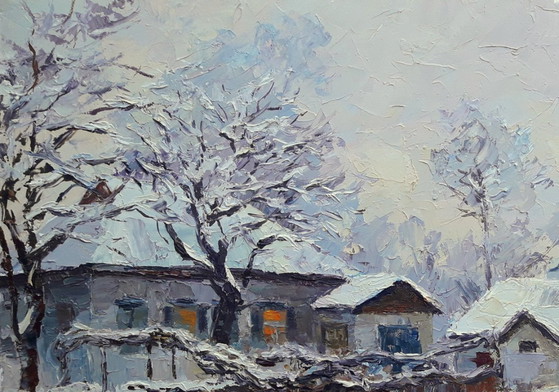 Origineel Olieverfschilderij Landelijk Landschap Dorpshuis Winteravond – Schilderijen & Tekeningen, Canvas (photo 7 of 8)