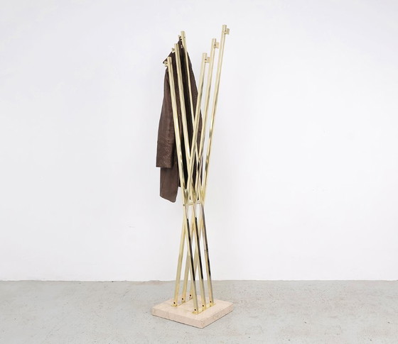 Image 1 of Romeo Rega brass and travertine standing coat rack, 1970s