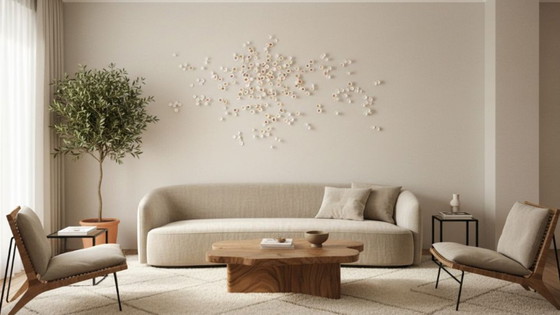 Image 1 of Dimensionaal modern organisch decoratief wandkunstwerk met textuur in wit, brons, espresso en goud - "Groei"