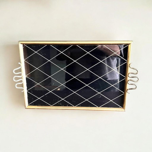 Mid - Century rectangular tray made of black glass with golden diamond pattern ca. 1950
