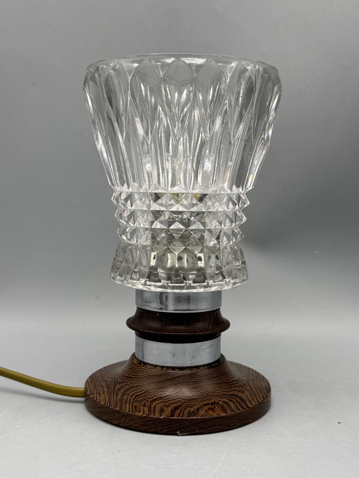 Mid-Century Table Lamp with Cut Glass Shade and Wooden Base – Vintage Design Lighting