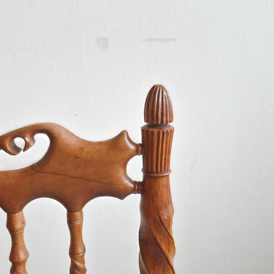 Image 1 of Handcrafted vintage chair from the 1950s in carved wood and velvet, 1950s folk art