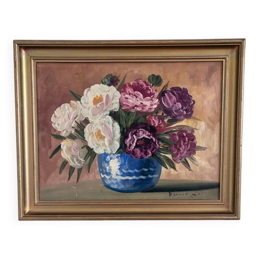 Peinture à l'huile florale originale vintage, signée.