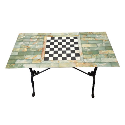 Table vintage en marbre onyx avec plateau à damier/échecs