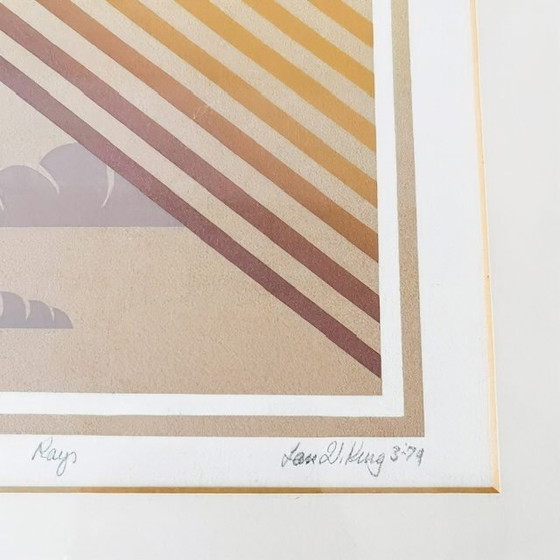 Image 1 of Vintage mid-century modern framed signed Ian W. King art print "Rays" 1974