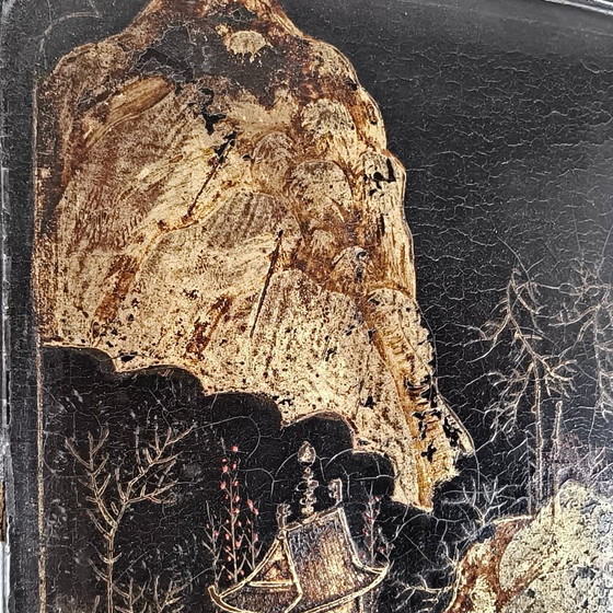 Image 1 of Impresionante par de paneles de estilo chinoiserie del siglo XIX con marcos dorados.
