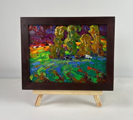 Original Oil Painting Summer Field Landscape The sky is preparing lightning