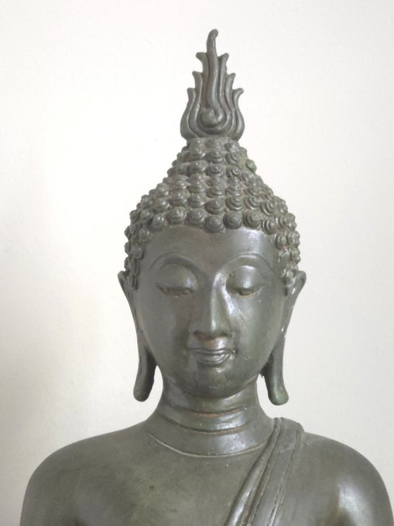 Antieke Bronzen Thaise Sukhothai Boeddha Akshobhya (47 cm) – Beeldhouwkunst (photo 3 of 14)
