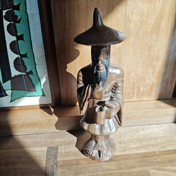 Image 1 of Large Hand-Carved Wooden Chinese Scholar Sculpture | 54 cm | Solid Wood