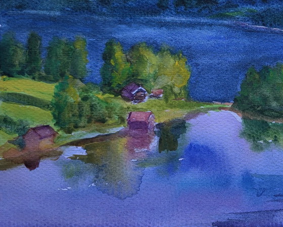 Original Watercolor Painting River Landscape Countryside Village Clouds Over Town – Paintings & Drawings (photo 6 of 7)
