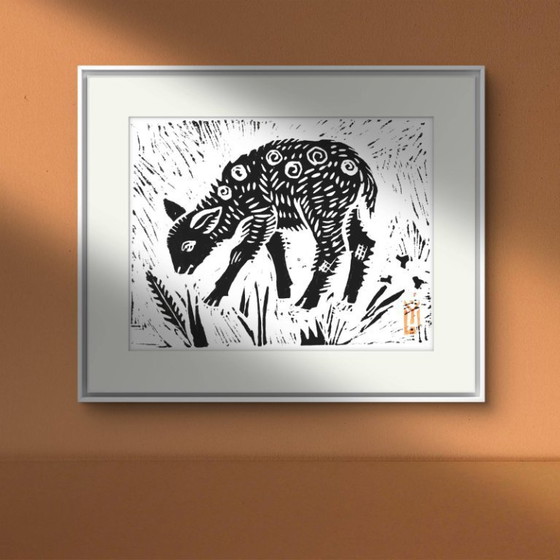 Image 1 of Stampa Linocut della pecora nera: Arte fatta a mano in edizione limitata A4