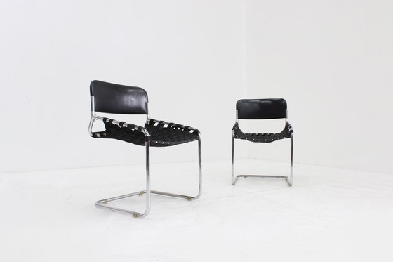 Image 1 of Vintage Italiaanse stoelen zwart leer en chroom, jaren 70
