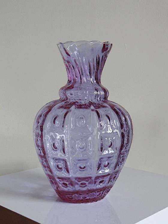 Image 1 of Empoli vase in Alexandrite glass, ranging from blue to pink, large textured model from the 1960s