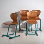 Vintage turquoise blue school chairs (c.1950). Set of 4 chairs – Dining chairs, Iron (photo 6 of 16)