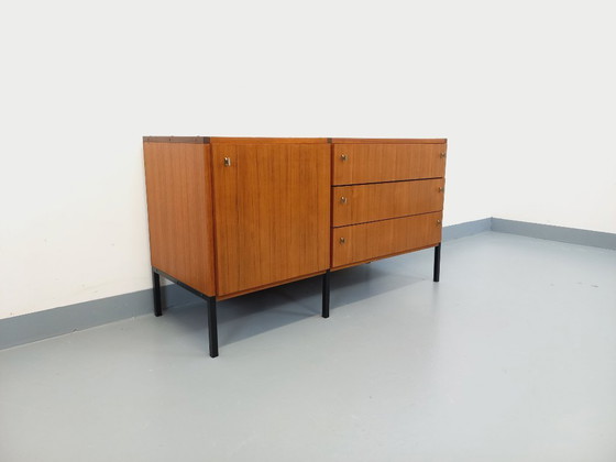 Image 1 of Vintage modernist sideboard by ARP Minvielle, designed by Guariche Mortier Motte, in teak and black metal, from the 1960s