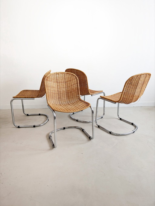 4x Chaises de salle à manger italiennes en chrome et osier 1970's