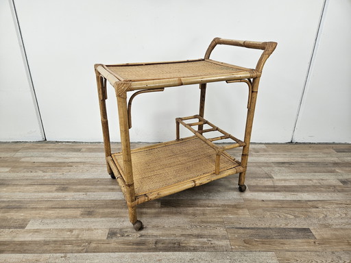 Vintage Wicker Cart with Bottle Holder and Wheels