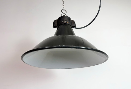Image 1 of Set of 4 Industrial Black Enamel Factory Lamps with Cast Iron Top, 1950s