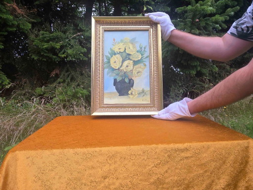 Vintage Blumen Ölgemälde Gelbe Rosen in dunkler Vase