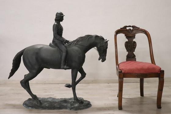 Image 1 of Bronzeskulptur, signiert, Pferd mit Jockey, Höhe 103 cm