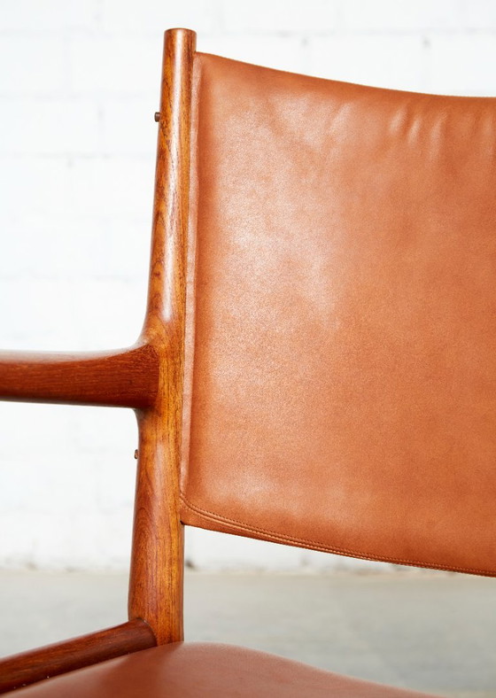 Paar Hans Wegner JH-513 Fauteuils voor Johannes Hansen, Hout, Leer, Bruin, Mid Century Modern (foto 10 van 15)