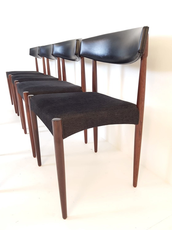 6 Chaises Vintage Danoises Palissandre Skai Noir Et Tissu – Chaises de salle à manger, Wood (photo 14 of 15)