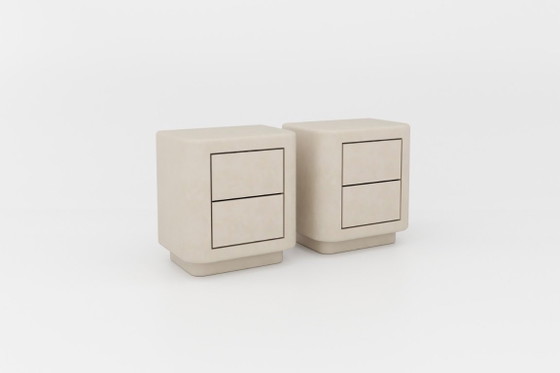 Image 1 of Hedendaagse nachtkastjesset van gips met walnotenhouten binnenkant Mortex