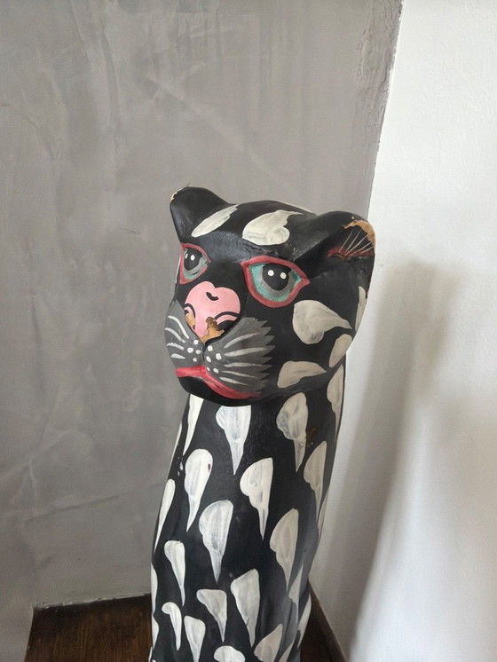 Image 1 of Vintage houten kat zwart wit 31cm hoog