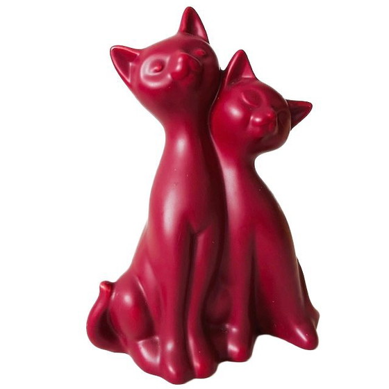 Image 1 of Vintage figurine Cat with Kitten pink red 1980's