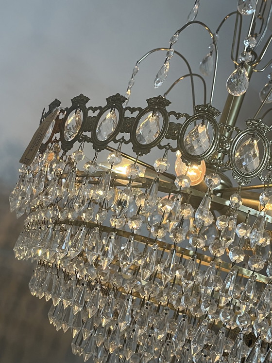Image 1 of Xl vintage chandelier crystal pendants drops bronze frame