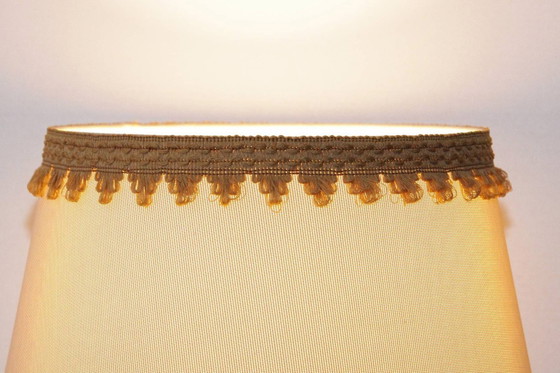 Image 1 of Table lamp wood textile light beige brown fringes 63cm 80s J Vintage