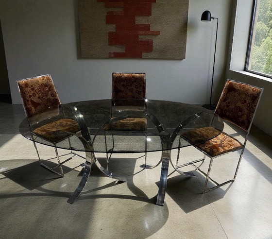Image 1 of table ovale chrome et verre fumé 1970