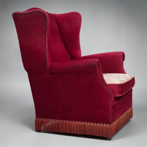 1970er Jahre, dänischer Hochlehner Sessel, Möbelvelours, Eschenholzbeine.