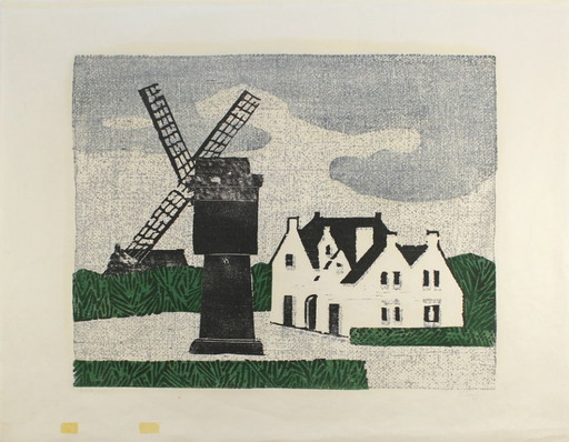 Teuber, Hermann - Moulin à vent - Linogravure en couleur sur papier japonais - signée à la main