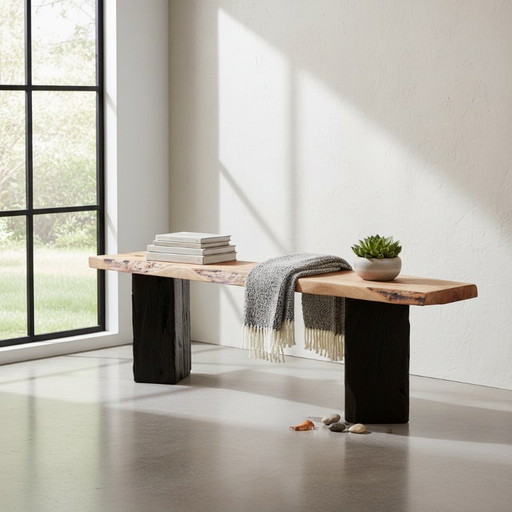 Live Edge Solid Wood Bench with Charred Legs, Organic Modern by Logniture