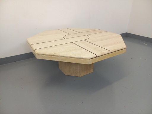 Vintage octagonal travertine coffee table with geometric pattern from the 70s and 80s