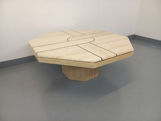 Image 1 of Vintage octagonal travertine coffee table with geometric pattern from the 70s and 80s
