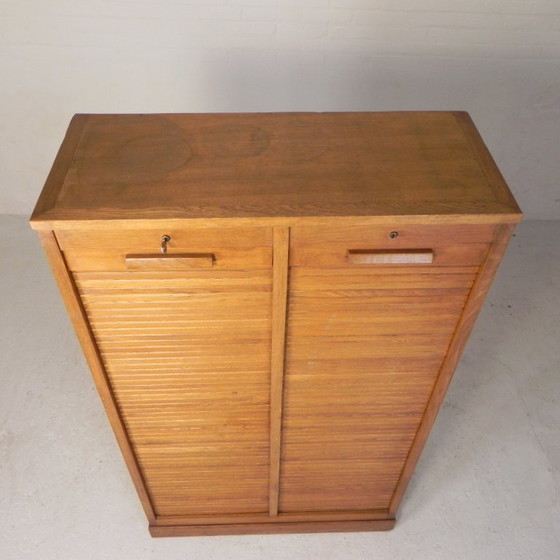Oak tambour cabinet with 2 doors, 150 cm high, 1950s, Filing cabinets, Wood, Brown, Vintage (photo 15 of 15)