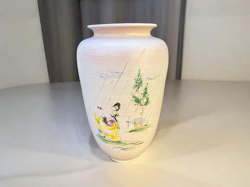 Fritz Van Daalen - Large floor vase, hand-painted in light pink with Japanese lady motif