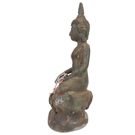 Antieke Thaise Bronzen Boeddha op Lotusvoet – Diepe Patina – Originele Kernvulling – Exportlabel (photo 7 of 14)