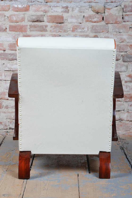 Gerestaureerde art-deco fauteuil, walnoothout, leer, gerestaureerde Poolse afwerking, Tsjechisch, jaren 1930 (photo 9 of 12)