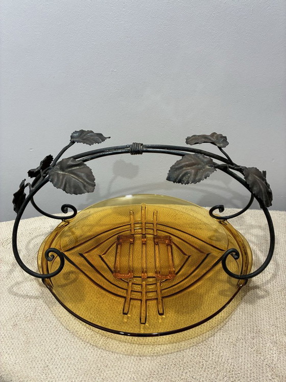 Val Saint Lambert amber glass bowl, Candide series, metal leaf mount, Table accessories, Orange, Art Deco (photo 3 of 5)
