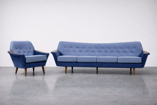 Vintage Mid-Century Scandinavian Modern Blue Velvet Living Room Set by Holm Fabriker AB, Set of 2, 1960s