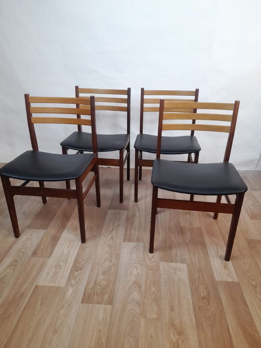 Set of 4 Scandinavian teak and black skai chairs - Denmark 1960