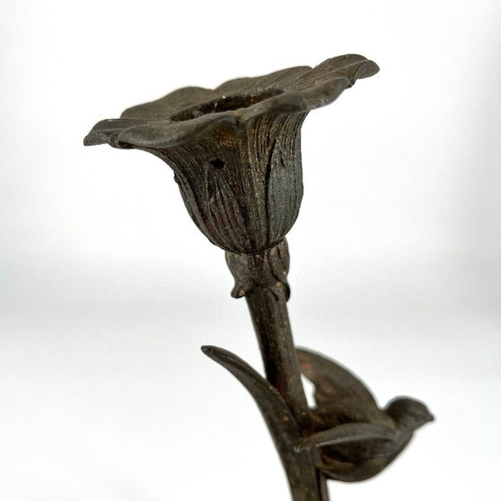 Image 1 of Antiker figürlicher Kerzenleuchter mit Vögeln, Zinkguss, um 1880–1900