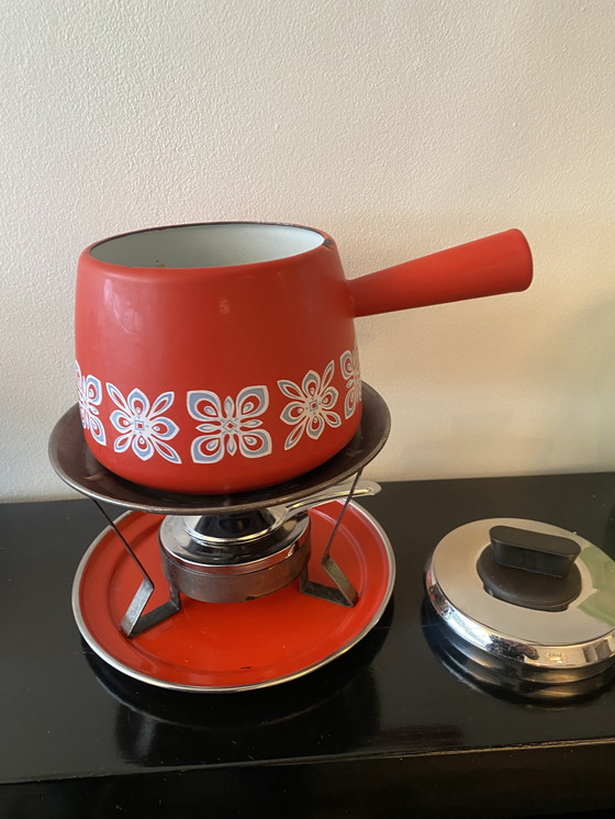 Image 1 of Vintage geëmailleerd metalen fonduestel uit de jaren 70